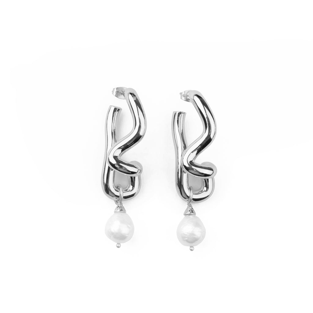 Freeform Pearl Drop Silver Hoops