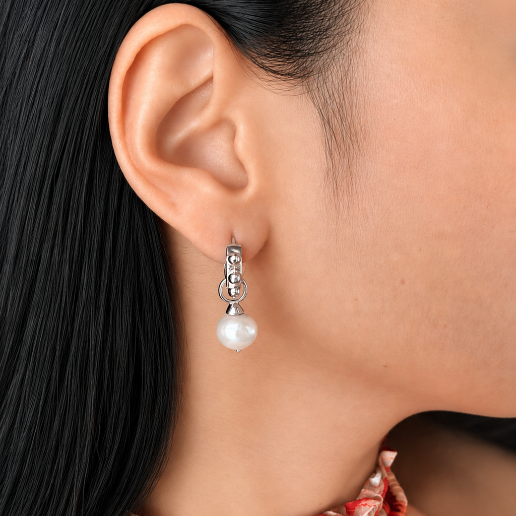 Silver Ball Ear Huggies with Pearl Drop