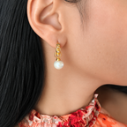 Gold Ball Ear Huggies with Pearl Drop