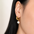 Gold Ball Ear Huggies with Pearl Drop