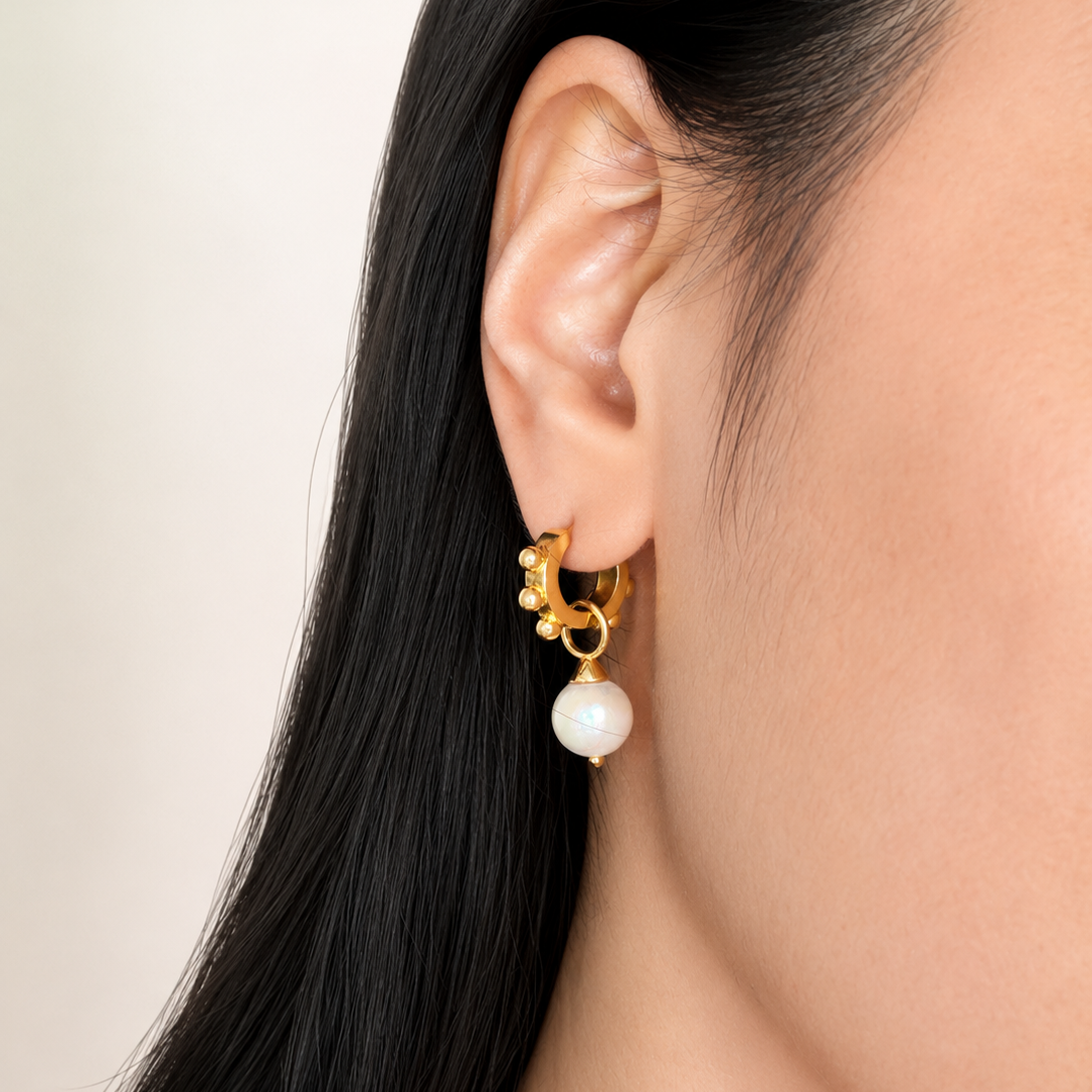 Gold Ball Ear Huggies with Pearl Drop