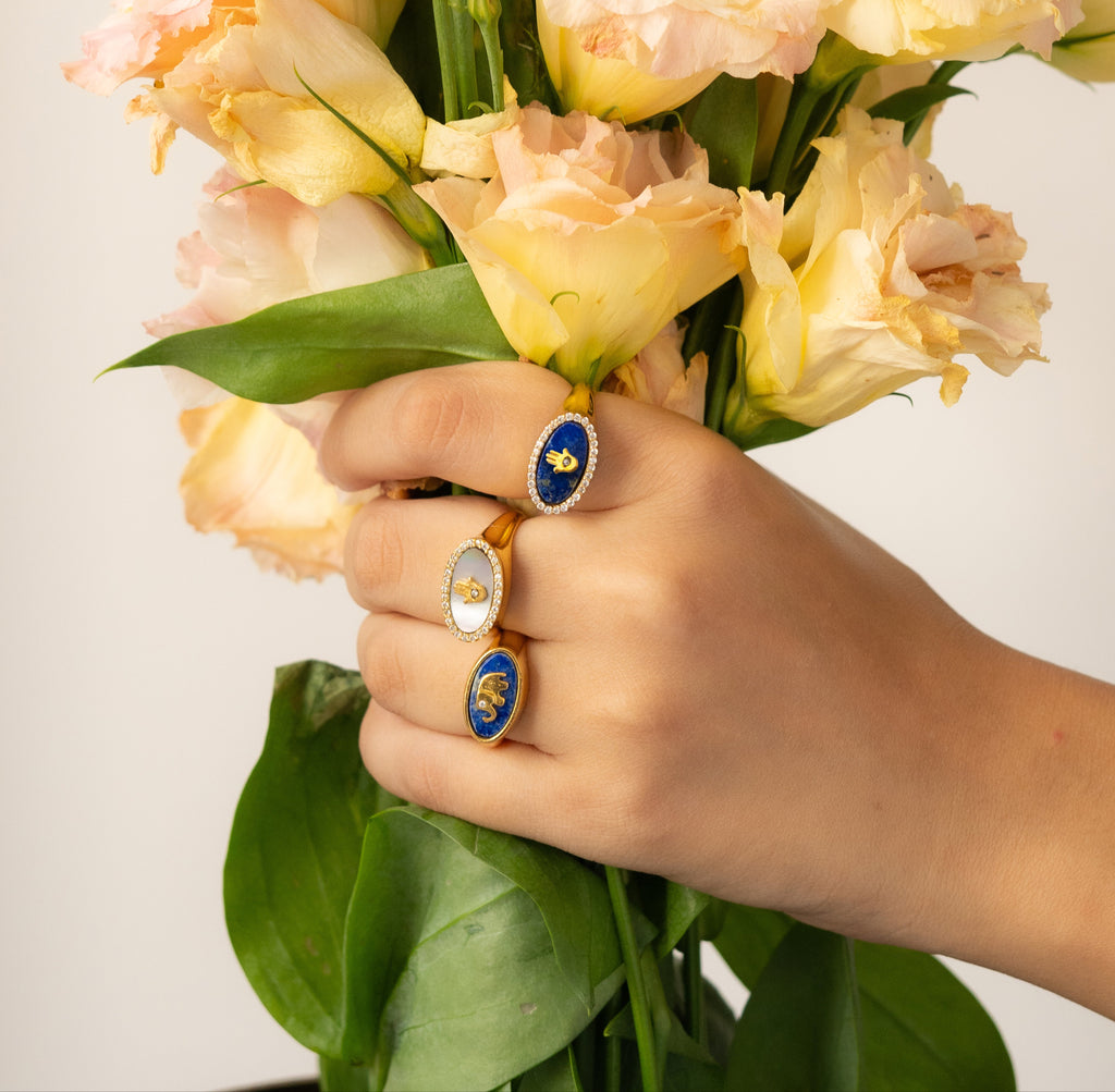 Hamsa Studded Lapis Lazuli Signet Ring