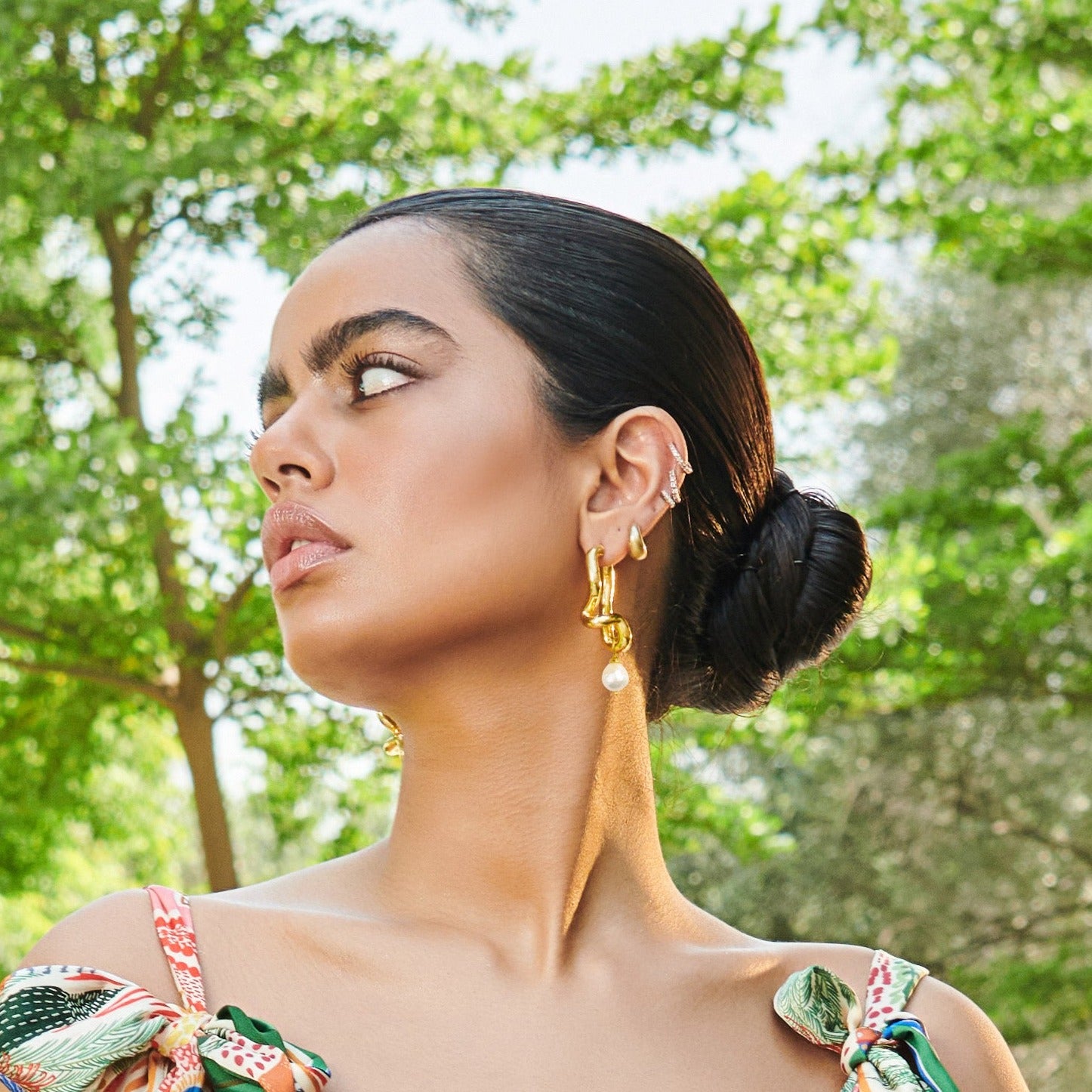 Freeform Pearl Drop Gold Hoops