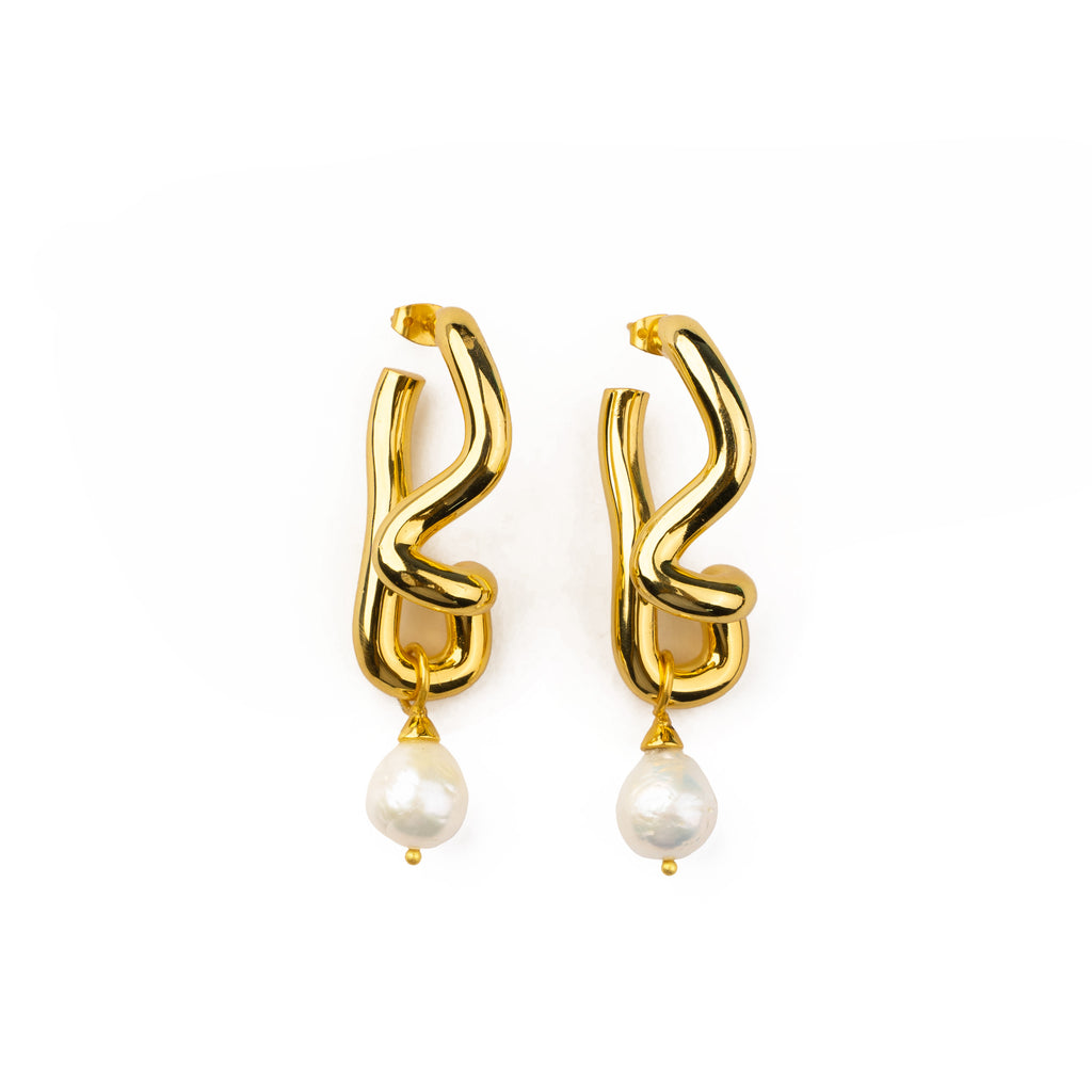Freeform Pearl Drop Gold Hoops